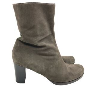 La Canadienne Waterproof Gray Suede Leather Block Heel Mid Calf Ankle Booties